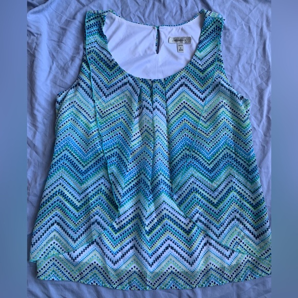 blue & green sheer summer sleeveless blouse with liner, medium | Dressbarn - Picture 7 of 9